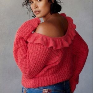 HP! Anthropologie Sweater in Coral with Ruffled Boat Neck. Size XL. Brand New!